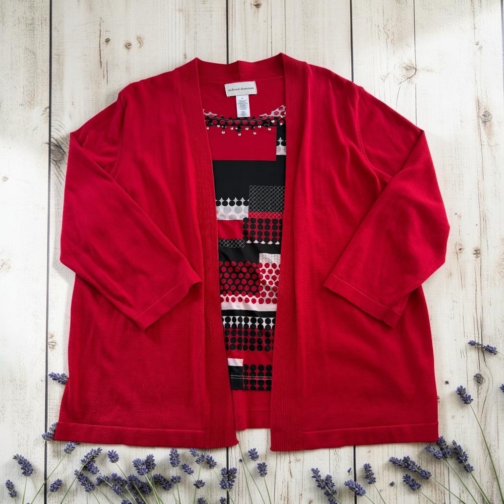 Embellished 2-for-1 Cardigan Sweater Top Red Geometric XL Alfred Dunner 3/4 Slv